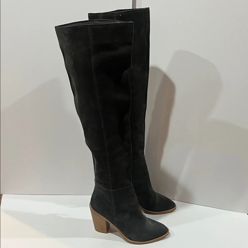Dark Gray Suede Knee-High Boots - Picture 2 of 14